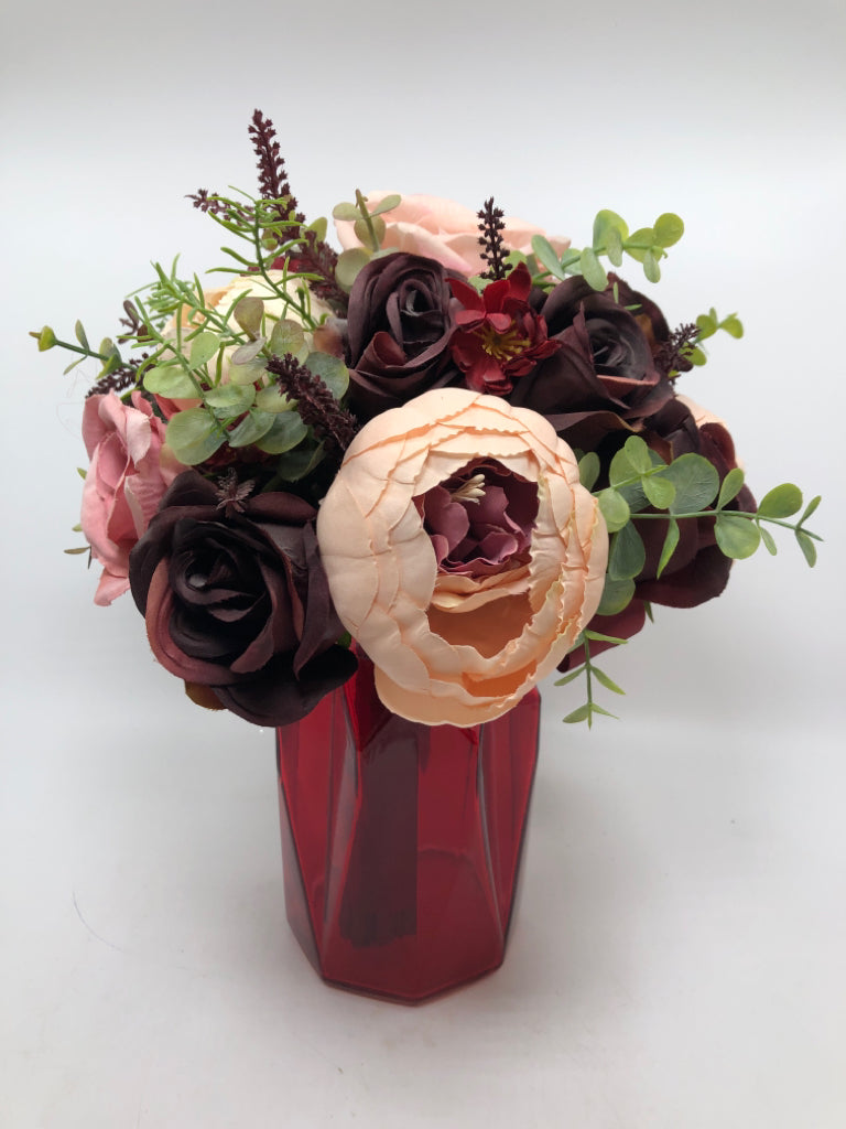 CRANBERRY & PINK ROSES IN RED VASE.