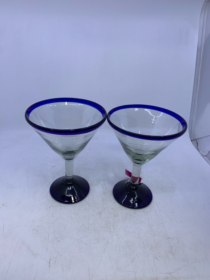 2 BLUE RIM MARGARITA GLASSES.