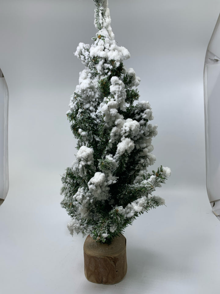 FLOCKED PINE TREE W/ WOOD SLAB BASE.