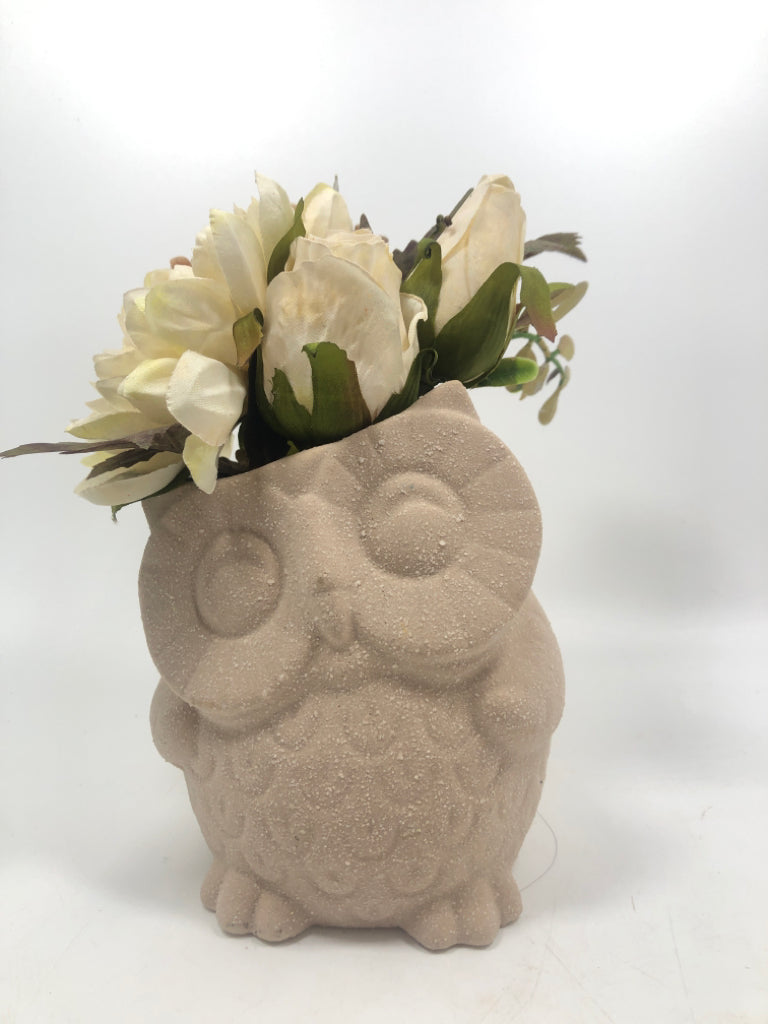 FAUX-STONE OWL PLANTER W/FLORALS.