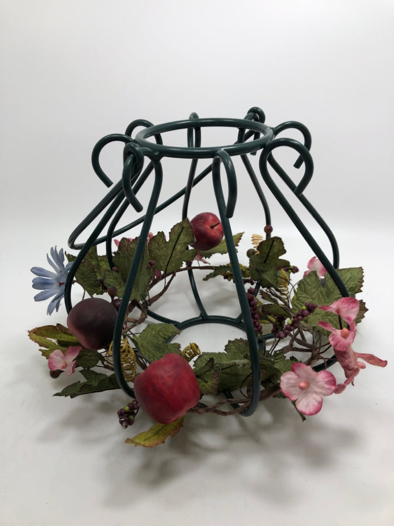 GREEN METAL CANDLE CAGE W/FLORAL APPLE DECOR.