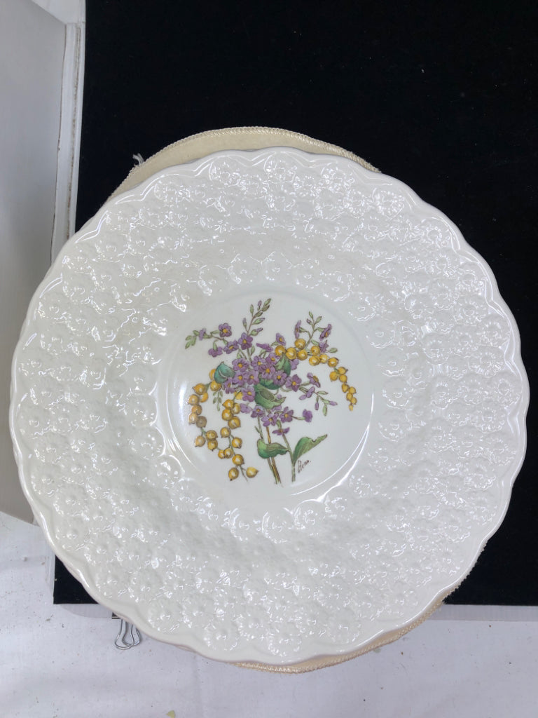 VTG 13 WHITE EMBOSSED FLORAL PLATES.