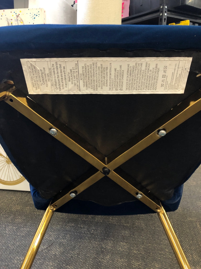 VANITY CHAIR BLUE WITH GOLD LEGS.