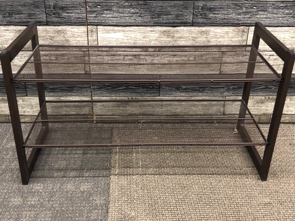 2-TIERED BROWN METAL SHOE RACK.