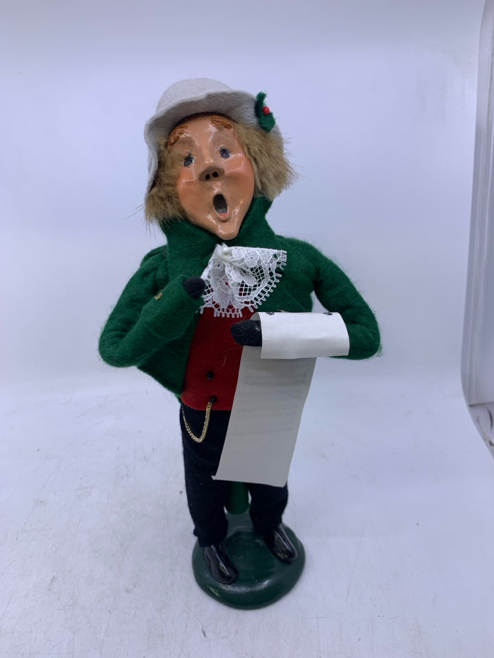 MAN CAROLER W/ GREEN COAT MUSIC NOTES LACE BOW TIE 1987 BYERS' CHOICE.