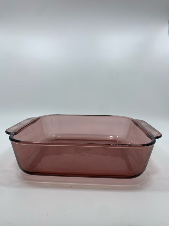 PYREX PURPLE GLASS SQUARE BAKING DISH.
