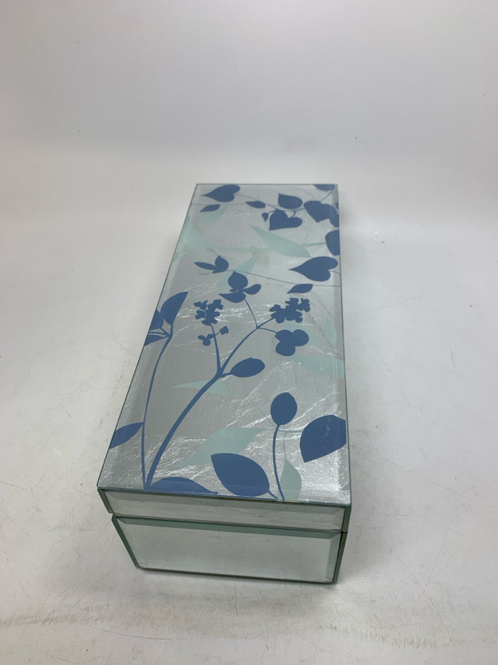 HEAVY GLASS BOX W/ BLUE LEAVES DETAILS.