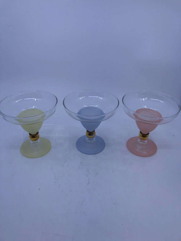 6 VTG COLORFUL SHORT COCKTAIL GLASSES-PINK, YELLOW, BLUE.