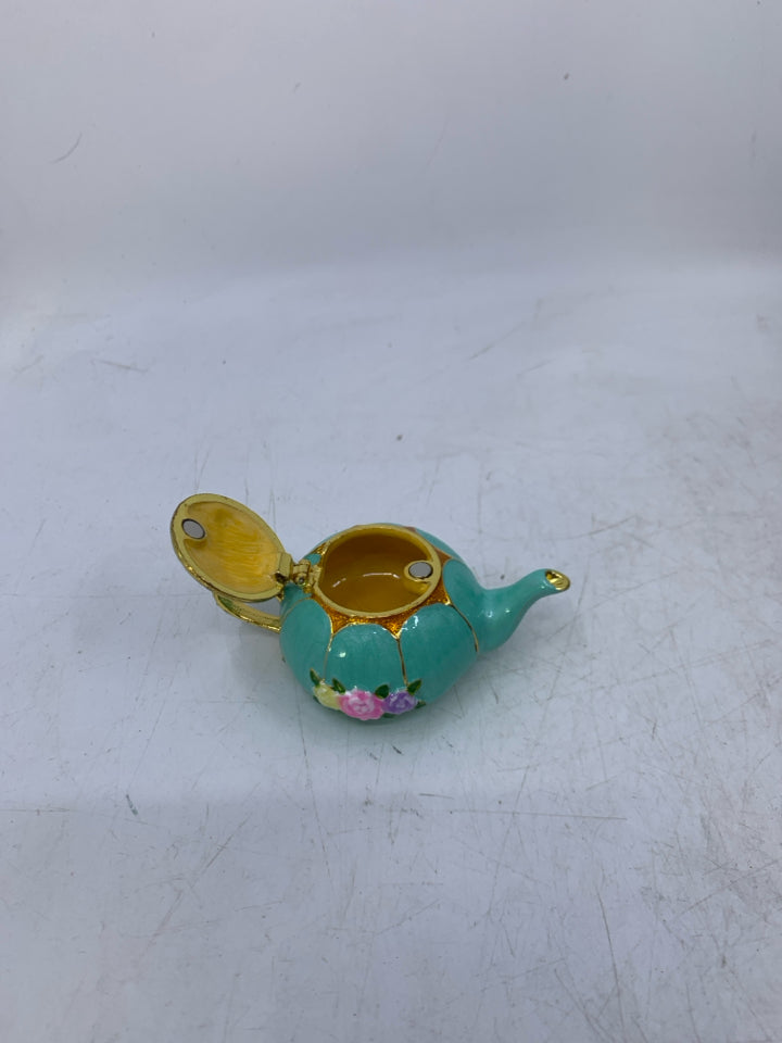 TEAL TEAPOT JEWELED TRINKET BOX.