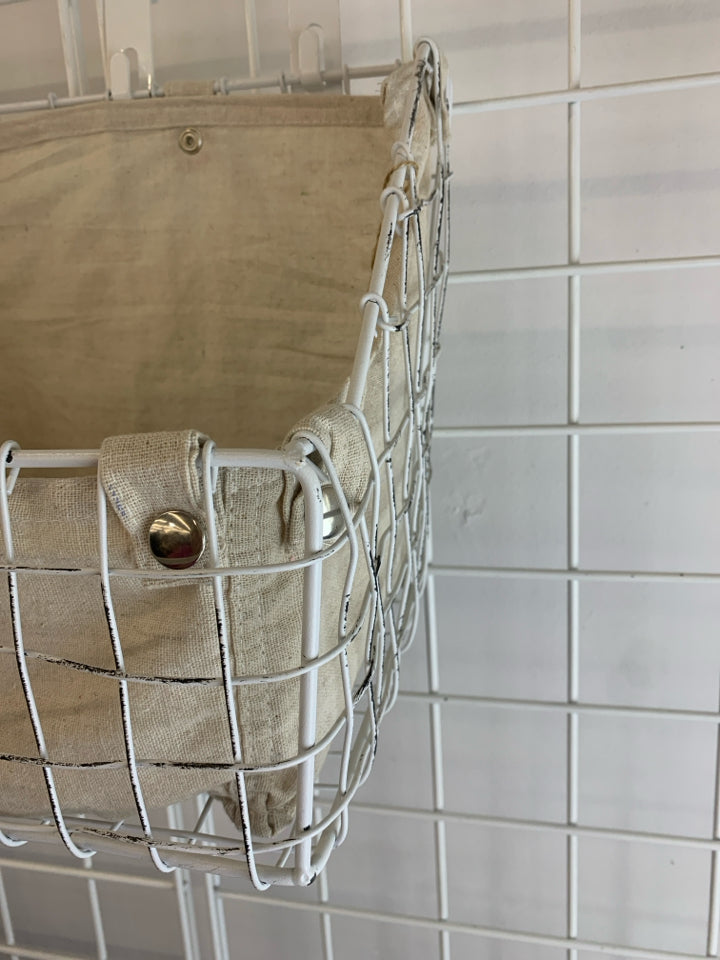 NWT FABRIC-LINED WHITE METAL STORAGE BIN.