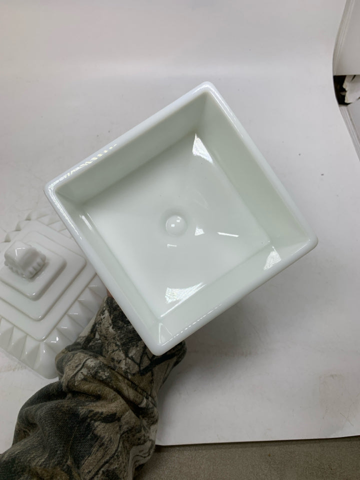 MILK GLASS PEDESTAL BOWL EMBOSSED DETAIL COVERED CANDY DISH.