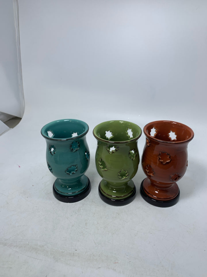 3 FOOTED PIERCED LEAFS TEALIGHT HOLDERS GREEN BLUE ORANGE.
