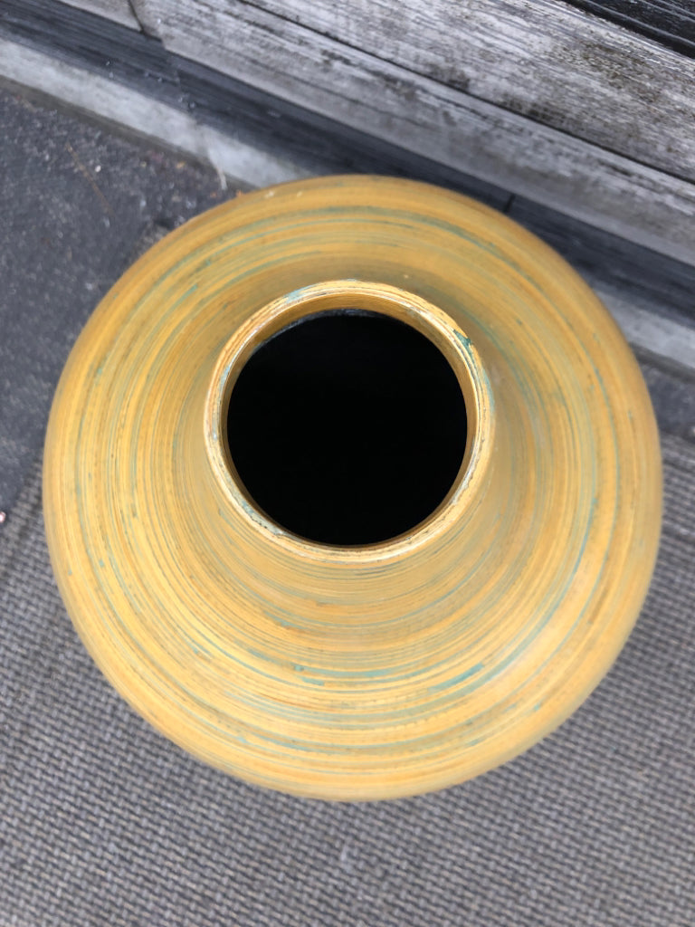 BLUE SWIRL YELLOW WOODEN VASE.