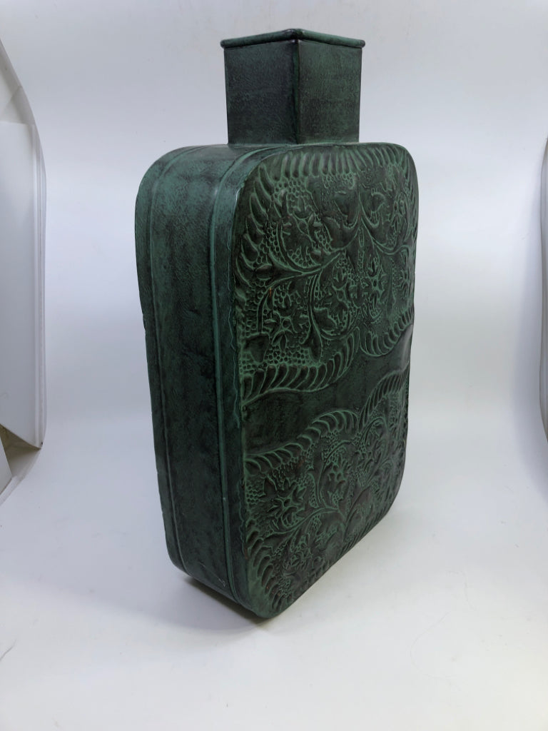 GREEN RUSTIC TIN VASE W/FLORAL DESIGN.