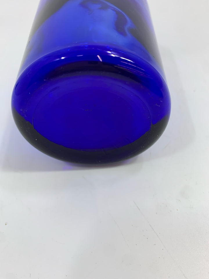 COBALT BLUE GLASS JUG W/CORK STOPPER.