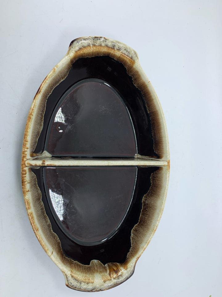 DARK BROWN DRIP DIVIDED OVAL BAKING DISH.