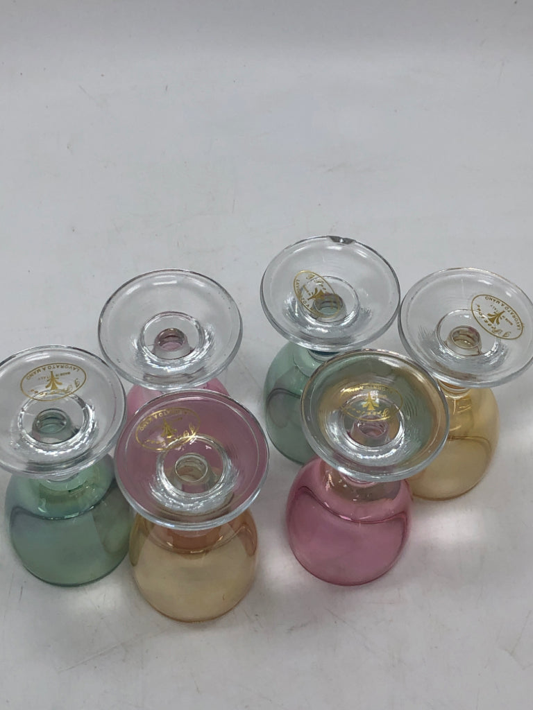 6 MULTI-COLORED IRIDESCENT ITALIAN GLASSES - J PREZIOSI - IN BOX.