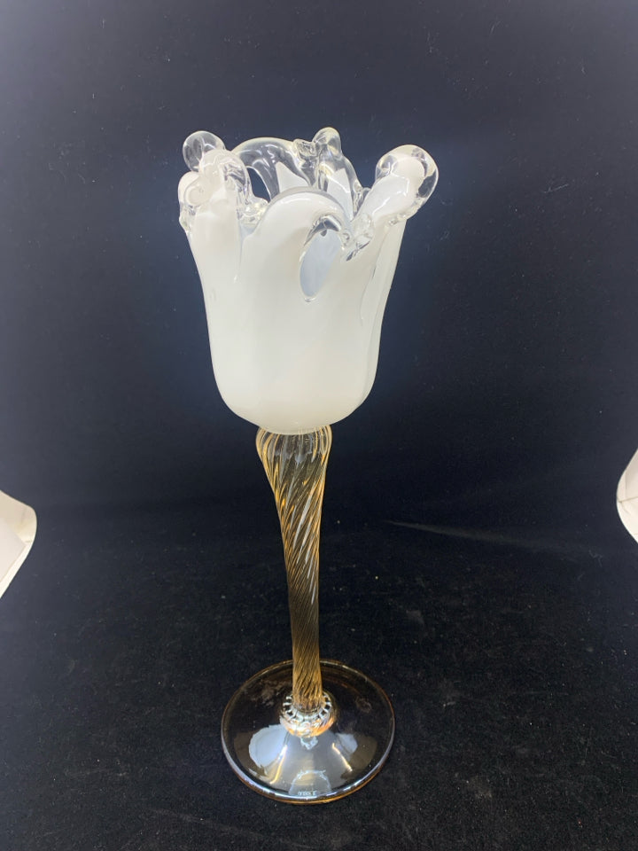 TALL WHITE BLOW GLASS TULIP SHAPE CANDLE HOLDER.