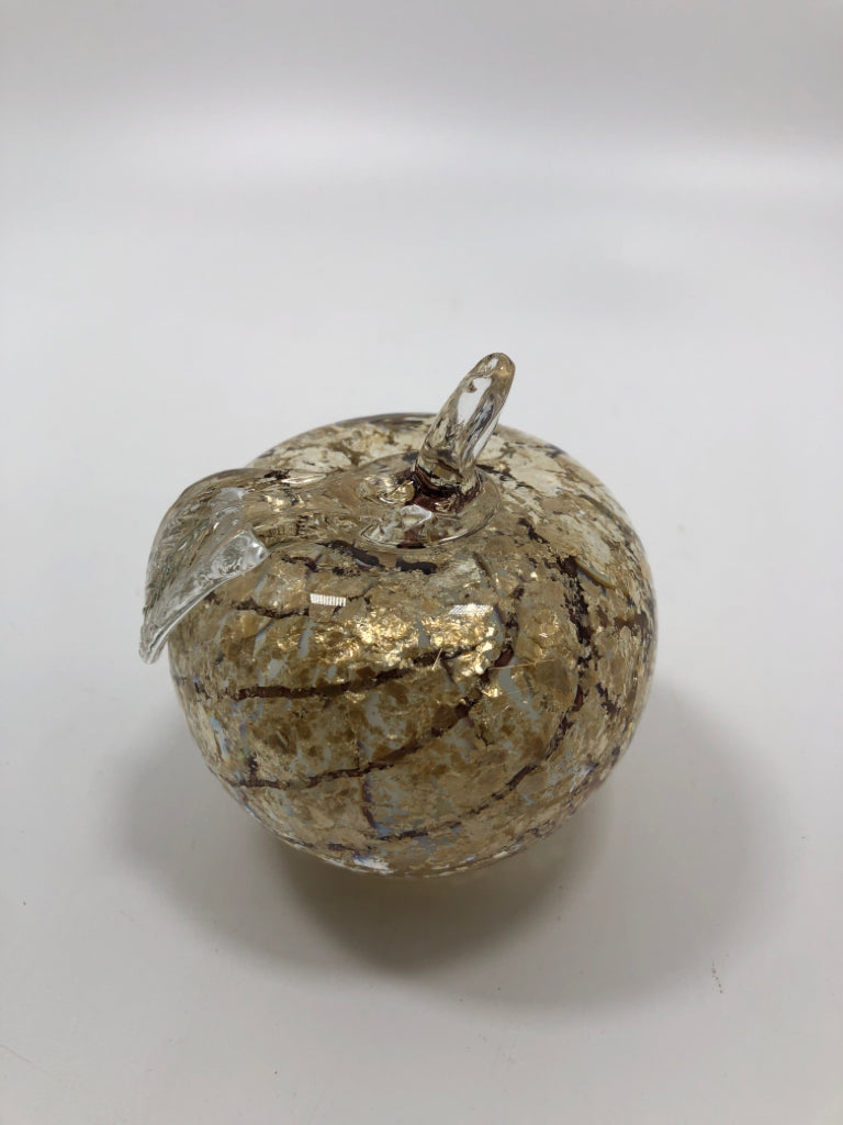 GOLD FLECKS GLASS APPLE PAPERWEIGHT.