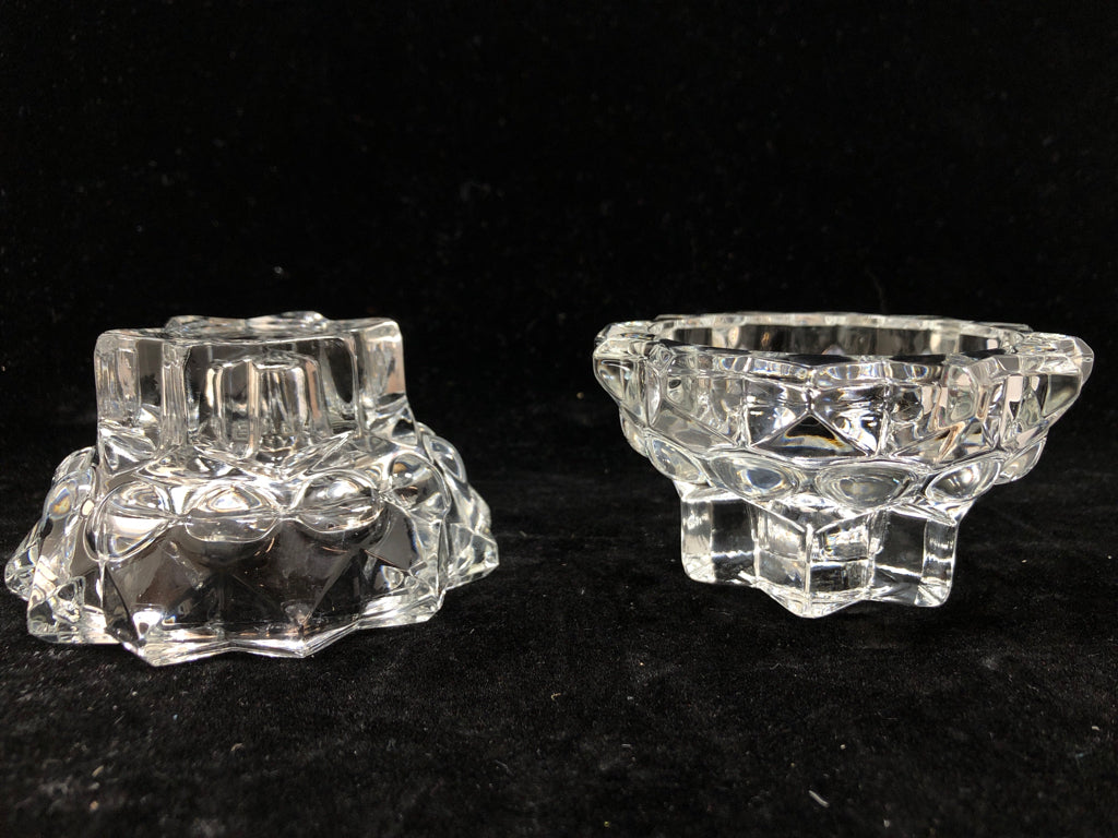 2 FRENCH GLASS "ROCK CUT" SHAPED VOTIVE HOLDERS.
