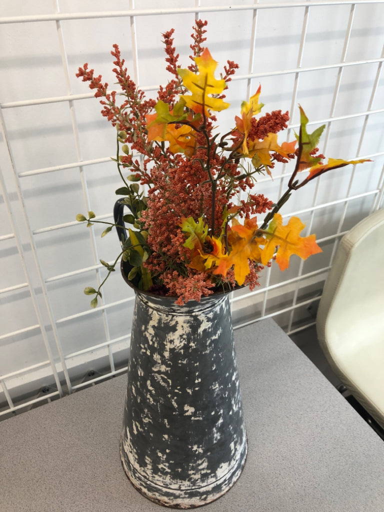GALVANIZED PITCHER W/FAUX FLORALS.