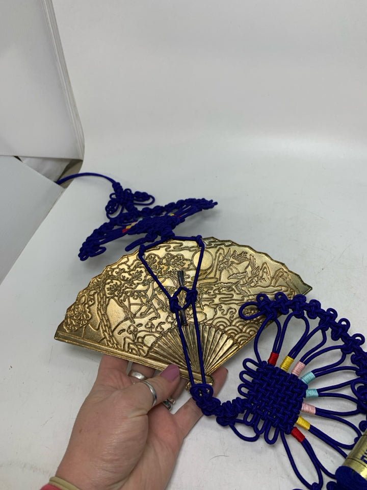 ASIAN STYLE METAL FAN W/ SCENE BRAIDED ROPE.