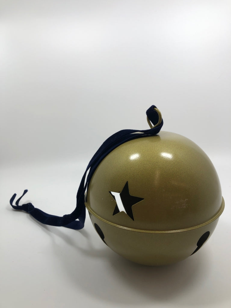 GOLD BELL W/CUTOUT STARS BLUE RIBBON.
