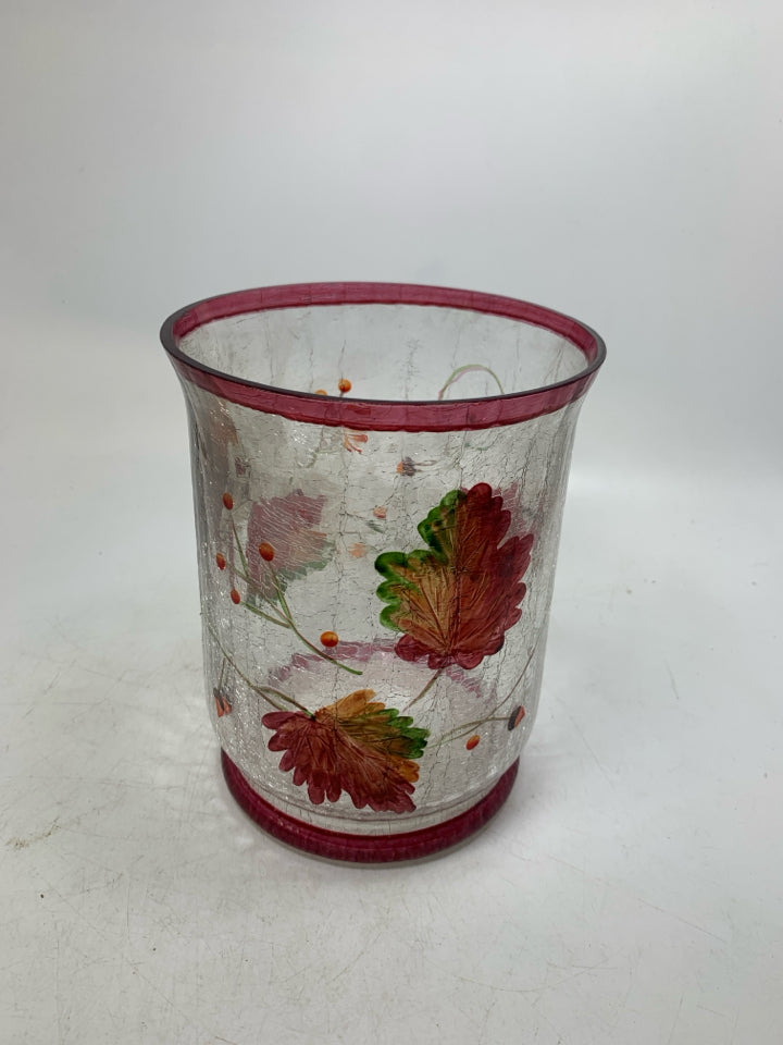 YANKEE CANDLE CRACKLE PAINTED LEAVES GLASS CANDLE HOLDER.