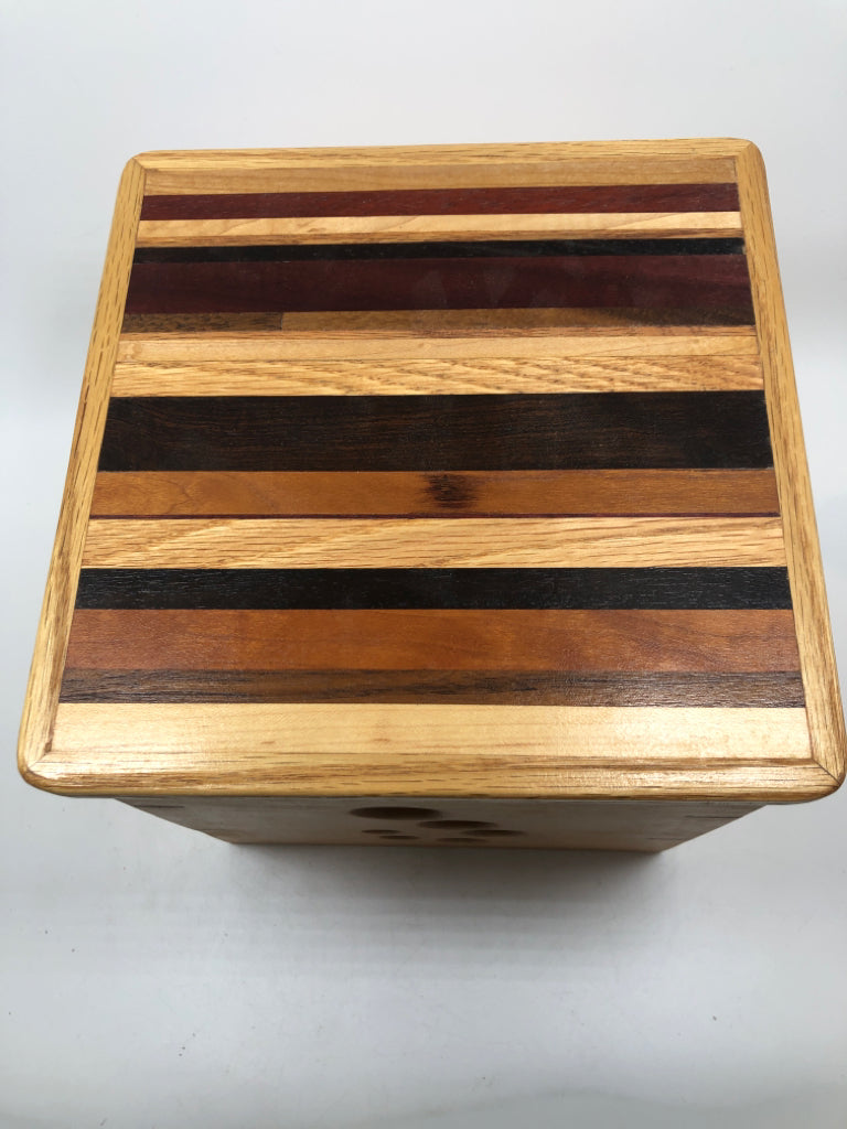WOODEN YARN BOX W/SPIRAL CUT-OUT.