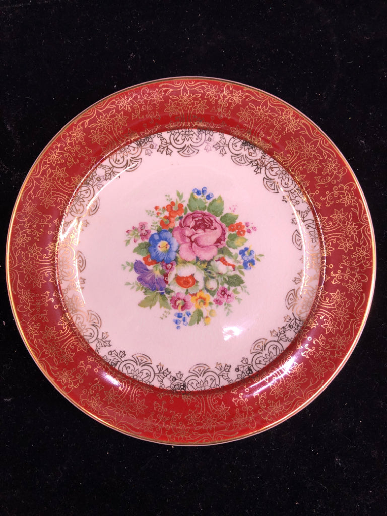 38 PC VTG RED W GOLD ACCENTS AND FLORAL SERV FOR 4.