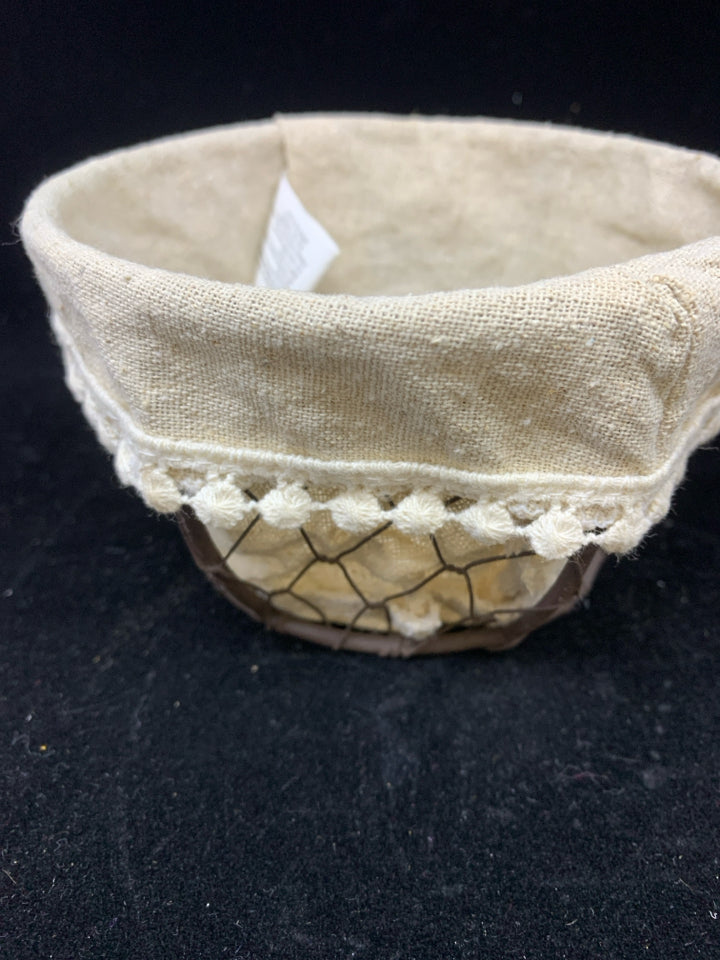 SMALL WIRE BASKET W/ CLOTH LINER & LACEY TRIM.