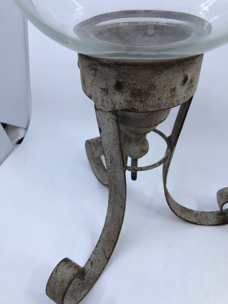 LARGE RUSTIC METAL + GLASS CANDLE HOLDER.
