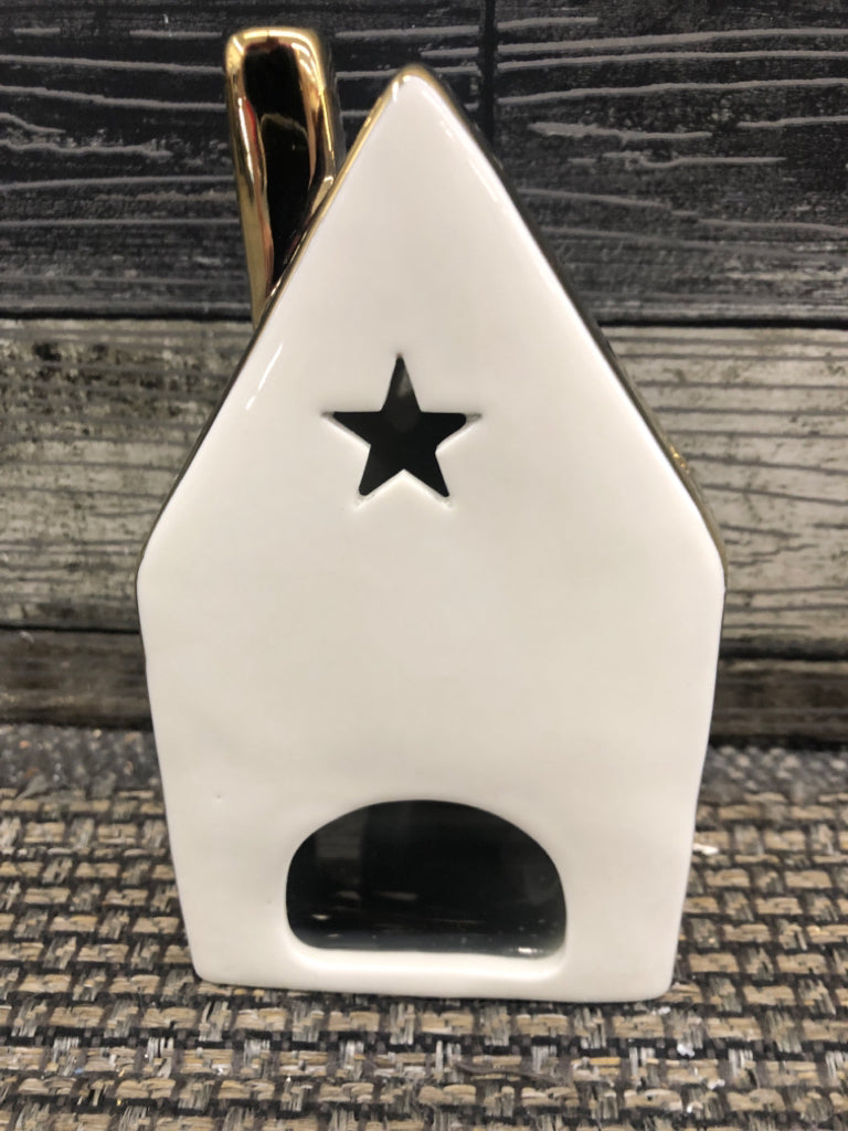 GOLD/ CREAM TEA LIGHT HOLDER HOUSE.