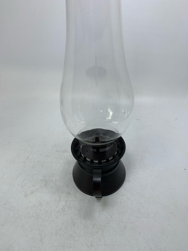 METAL BASE W/ GLASS INSERT OIL LAMP TAPERED CANDLE HOLDER.