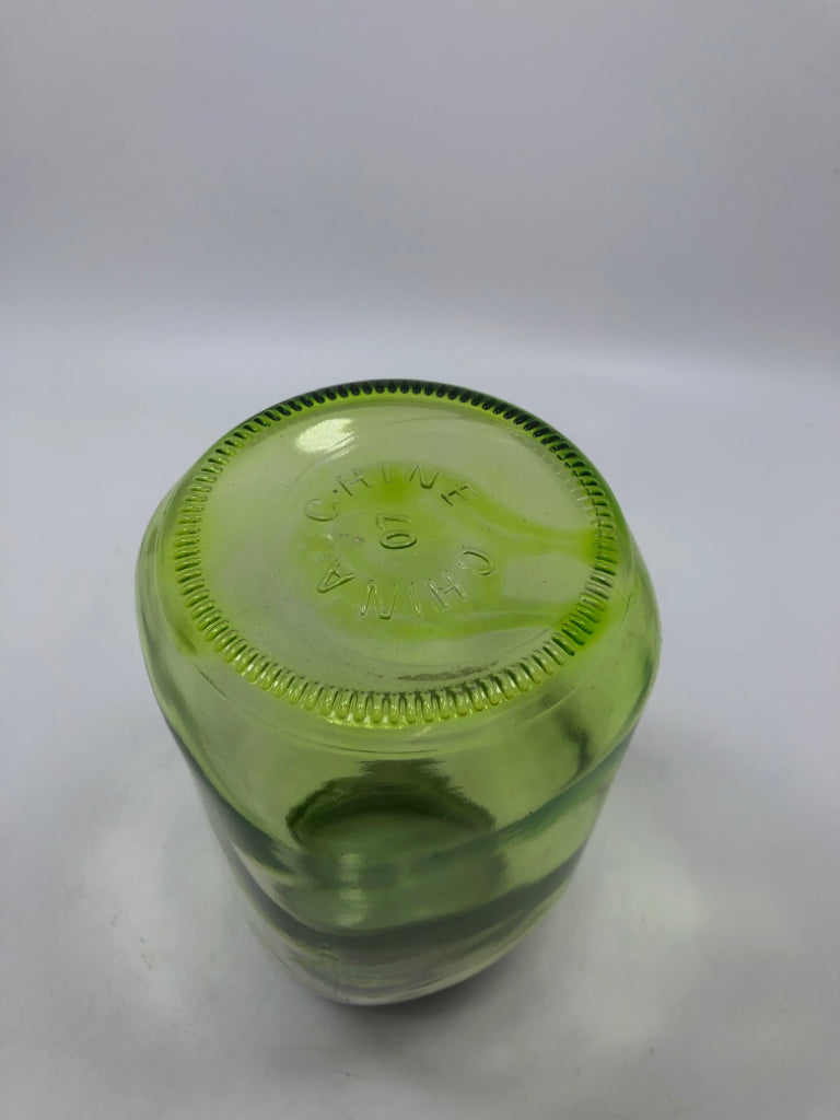 GREEN GLASS MASON JAR W/GALVANIZED METAL LID.