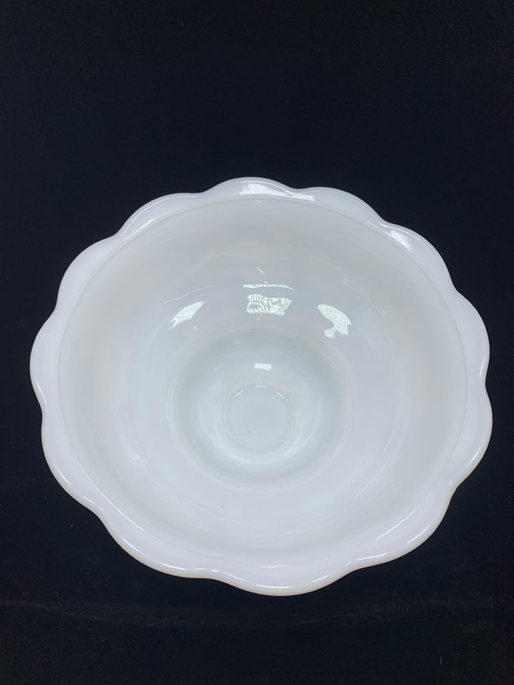 VTG RUFFLED EDGE MILK GLASS PUNCH BOWL W/EMBOSSED GRAPES.