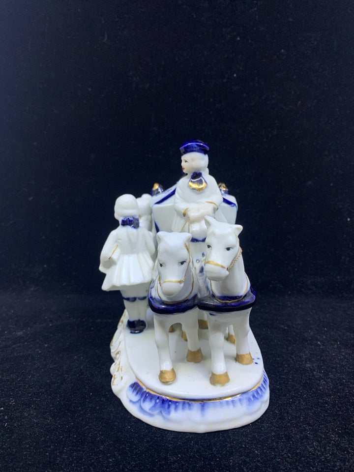 VTG PORCELAIN MAN AND WOMAN W/ HORSE DRAWN CARRIAGE.