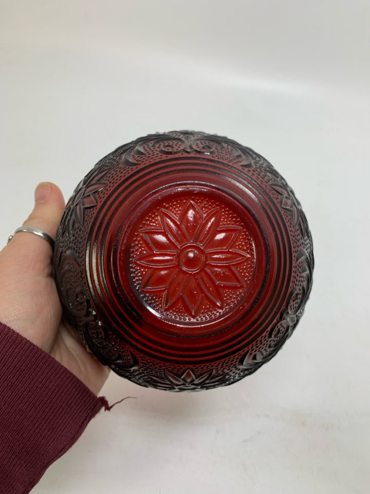 RUBY RED NUT BOWL W/ EMBOSSED FLOWERS/ SCALLOP EDGE.