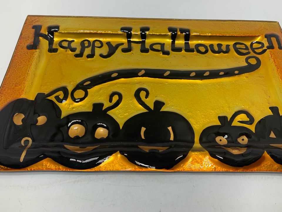 HAPPY HALLOWEEN ORANGE GLASS PLATTER.