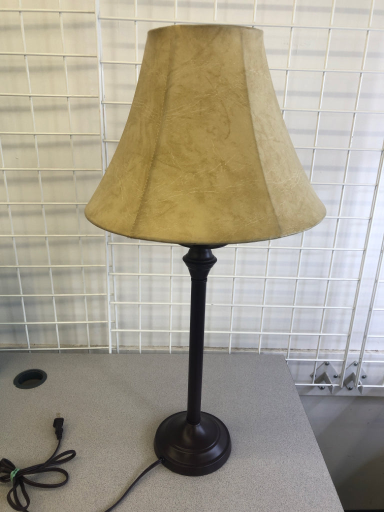 BROWN BASE LAMP, FAUX LEATHER TAN SHADE.