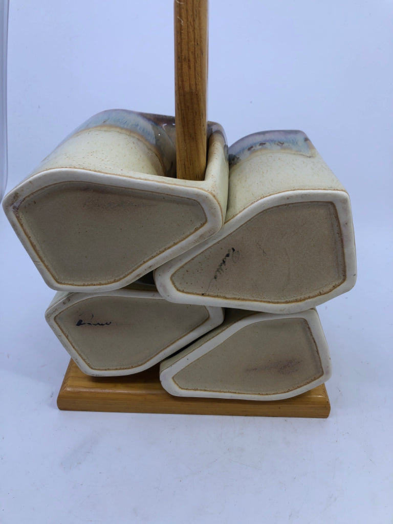 4 DRIP GLAZE POTTERY MUGS W WOODEN STAND.
