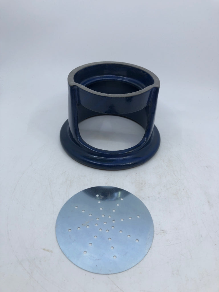 DARK BLUE POTTERY FONDUE SET + FORKS.