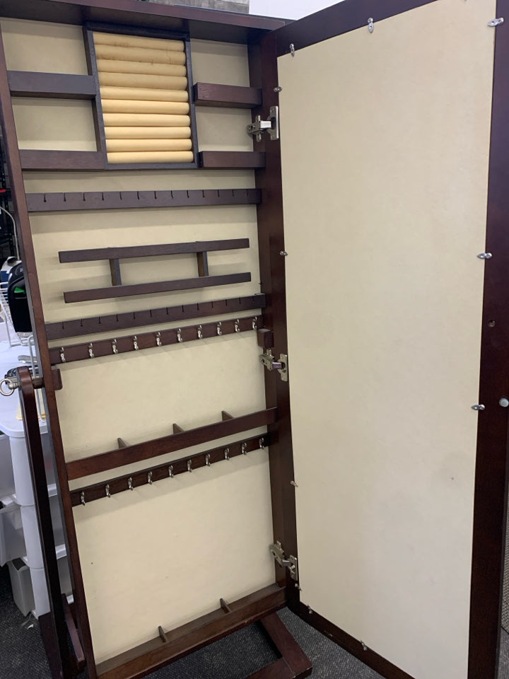 DARK WOOD STANDING MIRROR WITH JEWELRY STORAGE.