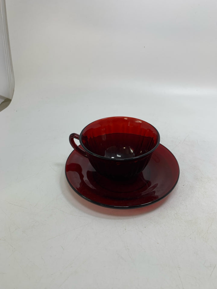 DARK RED GLASS TEACUP/SAUCER.
