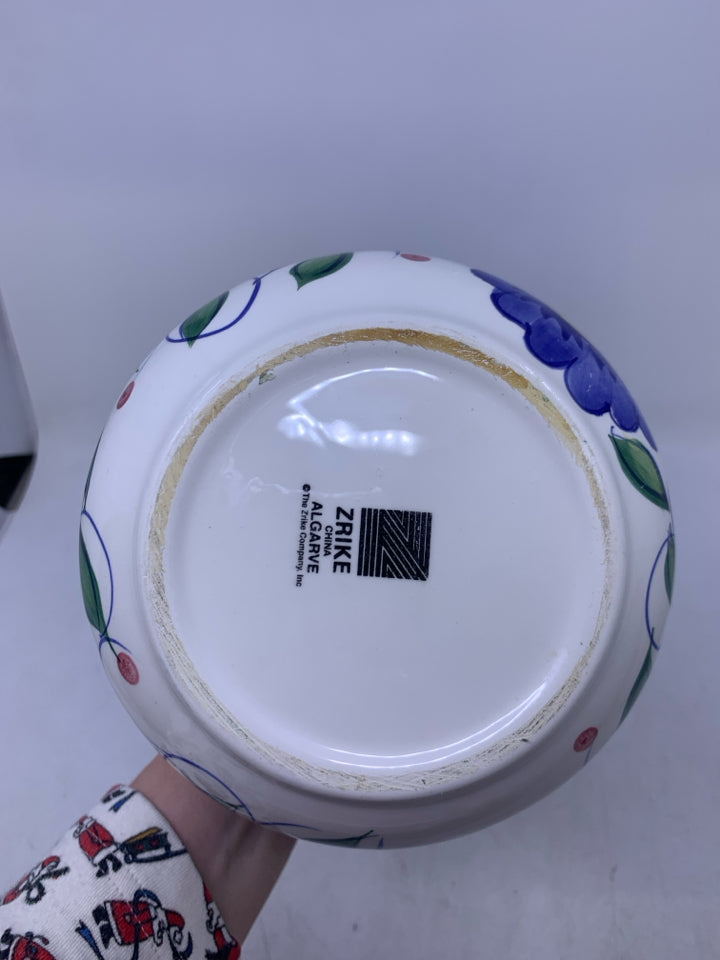 WHITE PITCHER W/ PAINTED FRUIT/FLOWERS.