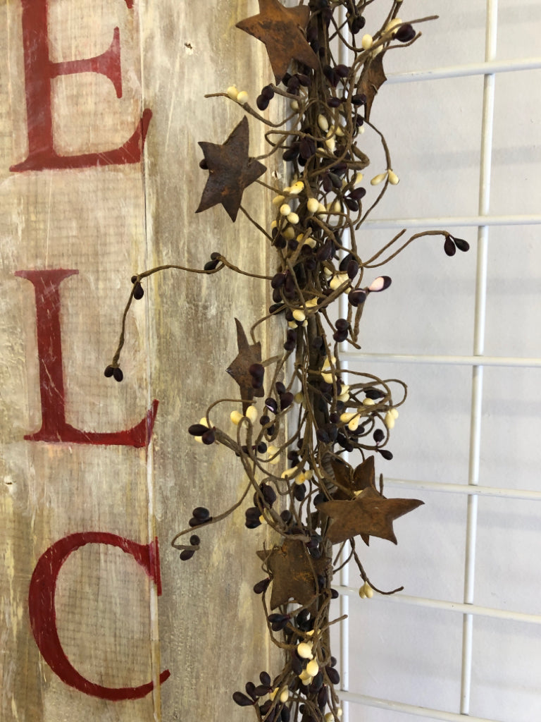 WOOD PRIMITIVE WELCOME SIGN W/PIP GARLAND.