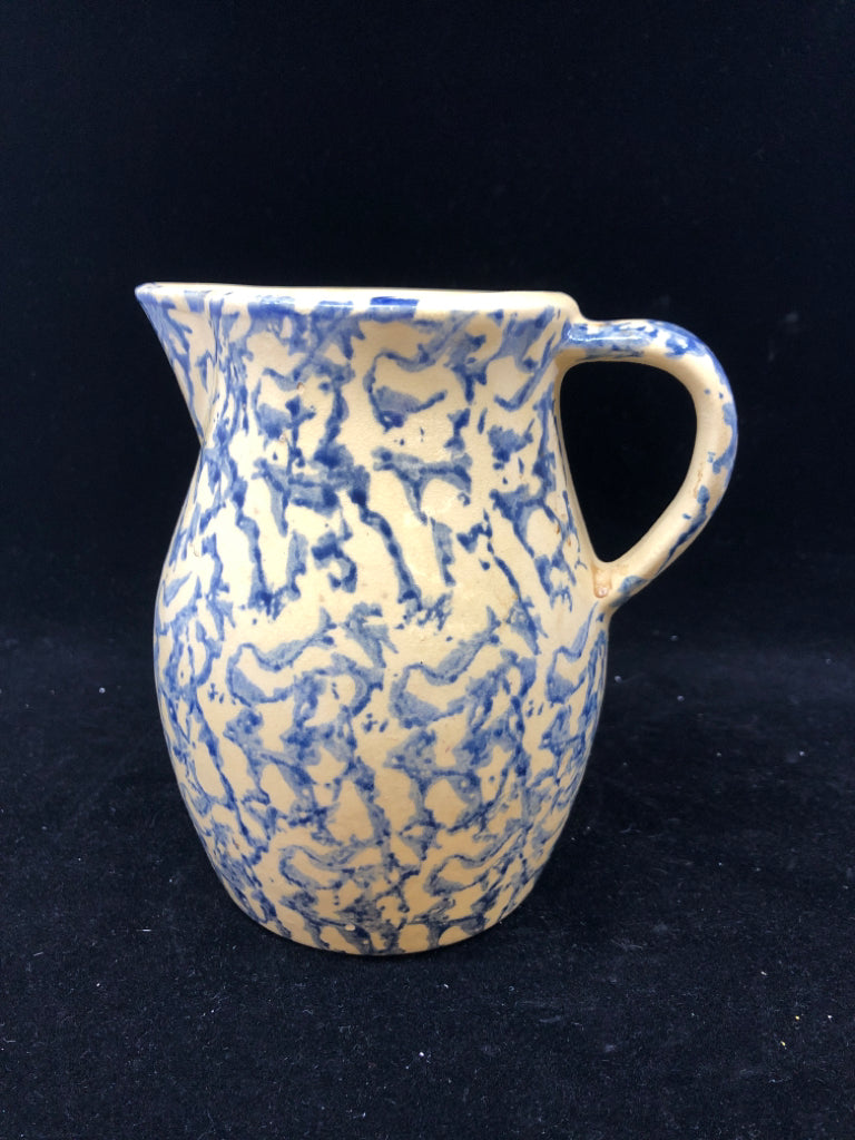 BEIGE CERAMIC PITCHER W/BLUE MARBLE DESIGN ROBINSON RANSBOTTOM.