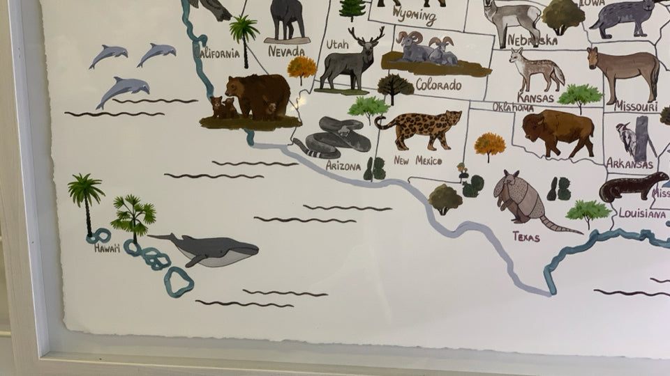 WHITE FRAME USA MAP WITH ANIMALS.