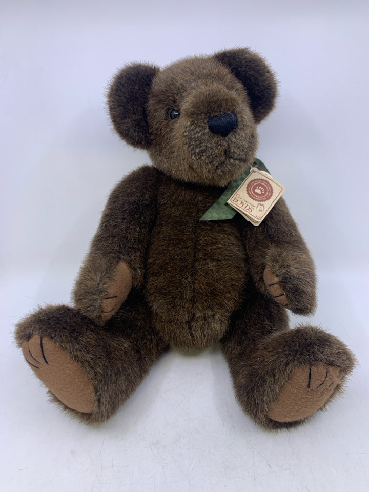 LARGE DARK BROWN BEAR W/ GREEN BOW.