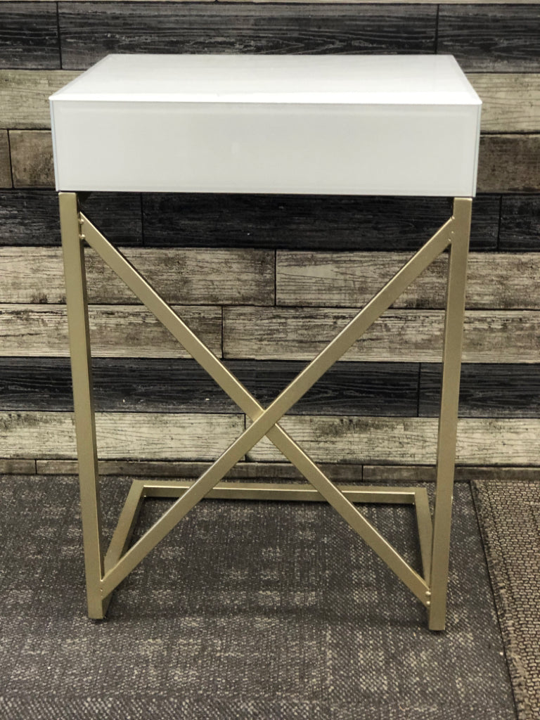 WHITE GLASS SIDE TABLE W/ DRAWER GOLD LEGS.